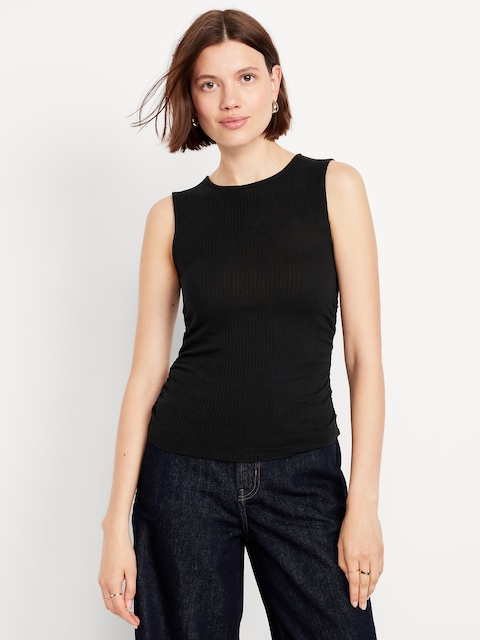 High-Neck Shirred Cropped Top - Black Jack