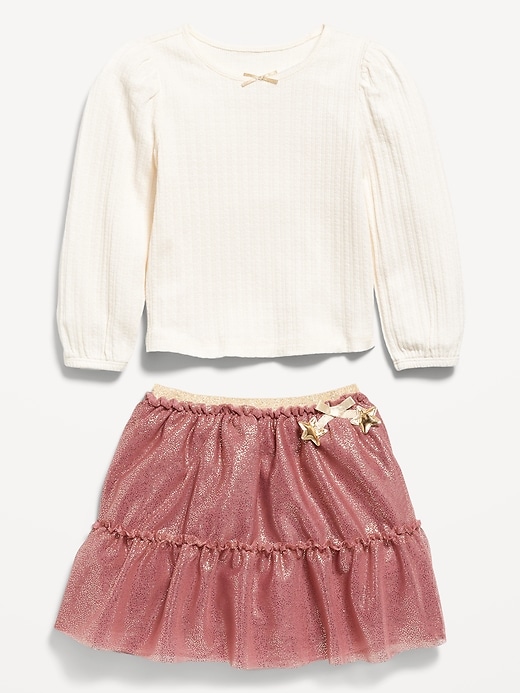 Long-Sleeve Pointelle Top and Tutu Skirt Set for Toddler Girls
