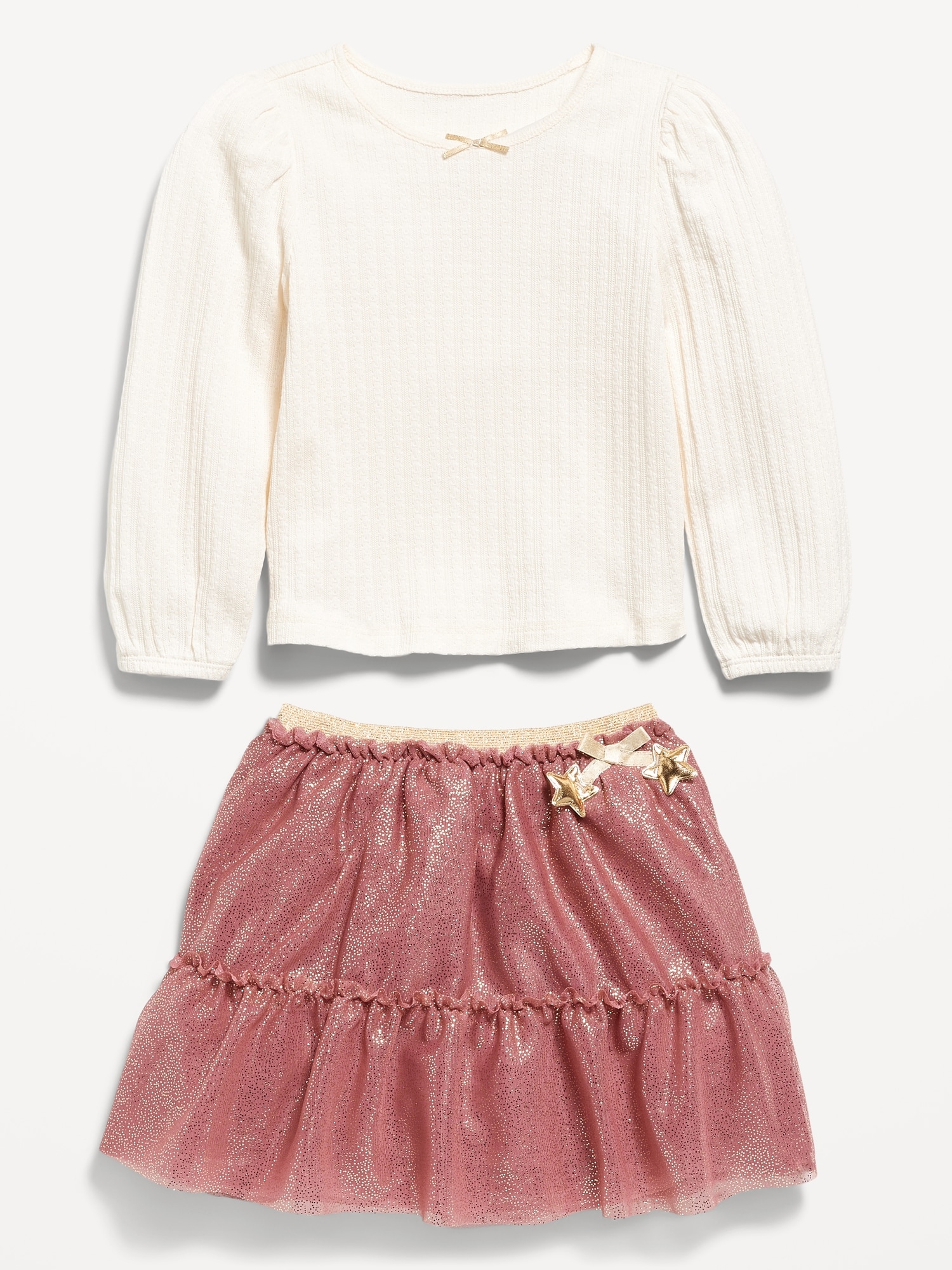 Long-Sleeve Pointelle Top and Tutu Skirt Set for Toddler Girls