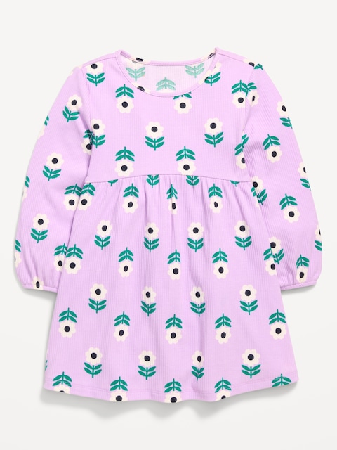 Printed Long-Sleeve Ribbed Dress for Toddler Girls - Purple Floral