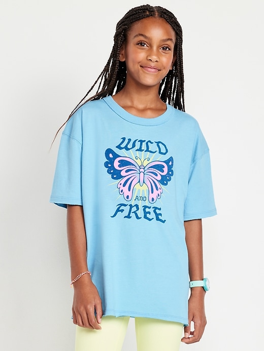 Image number 1 showing, Oversized Short-Sleeve Graphic Raw-Edge T-Shirt for Girls
