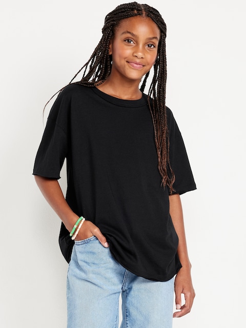 Oversized Short-Sleeve Raw-Edge T-Shirt for Girls - Black Jack