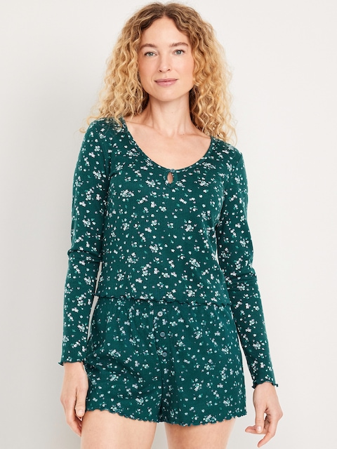 Cozy Ribbed Pajama Top - Sea-Blue Floral