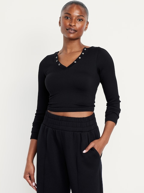 Exhale Seamless Cropped Henley Top - Black Jack