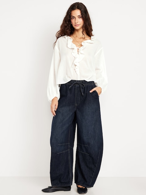 High-Waisted Pull-On Barrel Jeans - Dark Wash