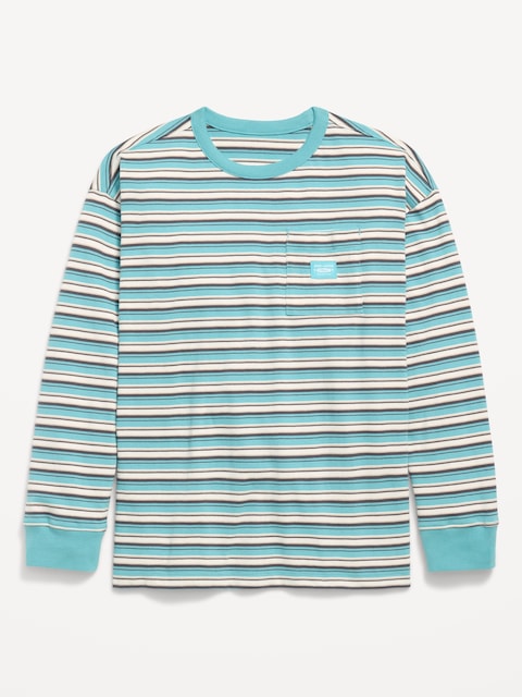 Oversized Long-Sleeve Pocket T-Shirt for Boys - Charcoal/Blue Stripe
