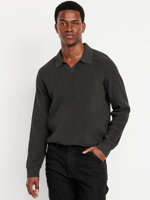 Long-Sleeve Sweater-Knit Polo - Charcoal Heather