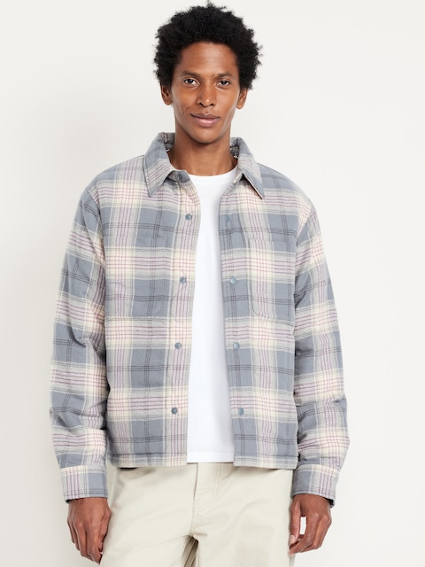 Insulated Cropped Flannel Shacket - Pink Plaid