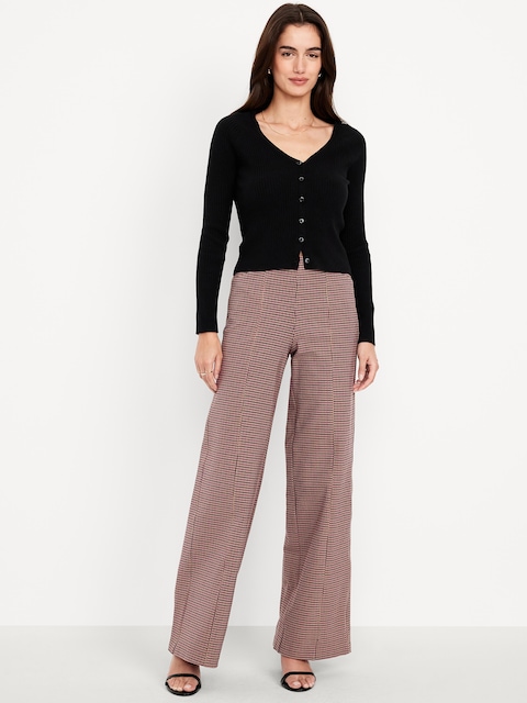 High-Waisted Pull-On Pixie Wide-Leg Pants - Brown Check