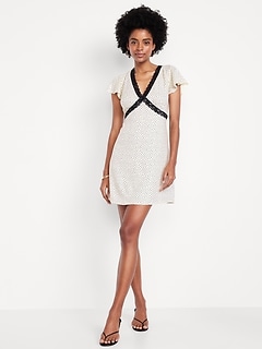 Fit & Flare Crepe Lace-Trim Mini Dress