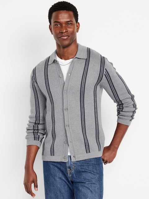 Striped Button-Front Cardigan Sweater - Gray/Navy Stripe