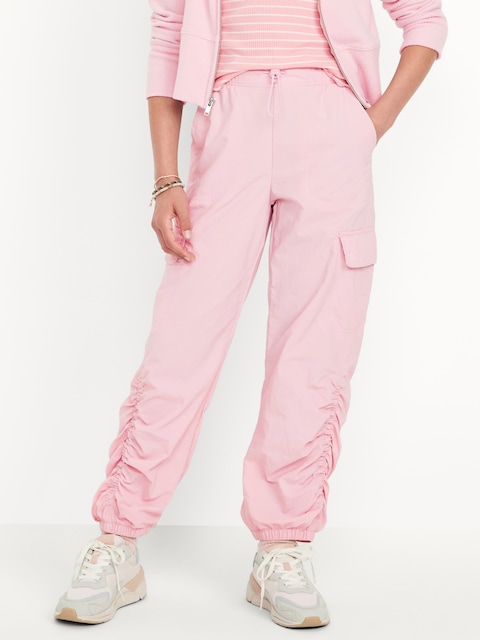 High-Waisted Side Ruched Cargo Parachute Joggers for Girls - Fairytale Rose