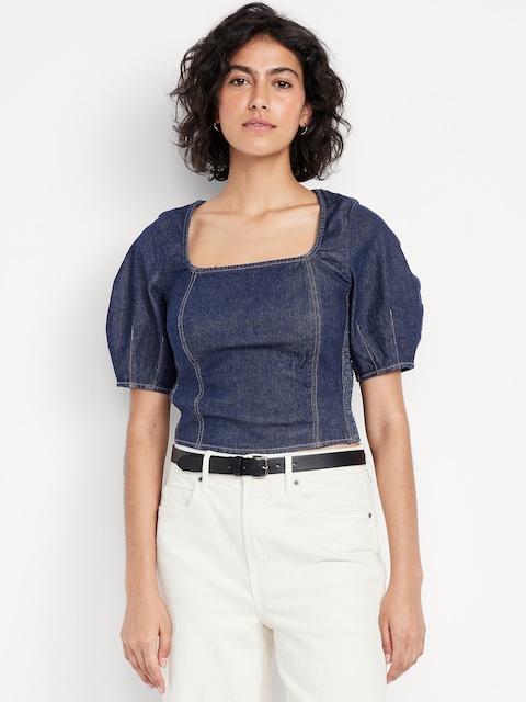 Square-Neck Denim Cropped Top - Dark Wash