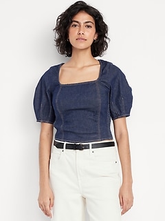 Square-Neck Denim Cropped Top