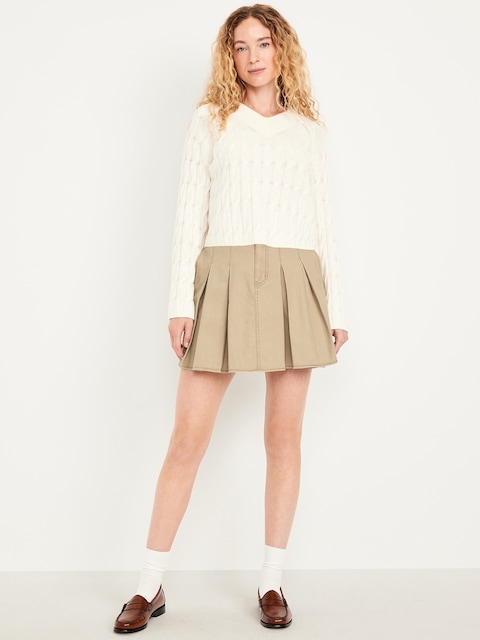 High-Waisted Pleated Mini Skirt - Classic Khaki