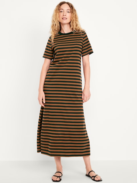 Vintage Crew-Neck Maxi T-Shirt Dress - Black Stripes