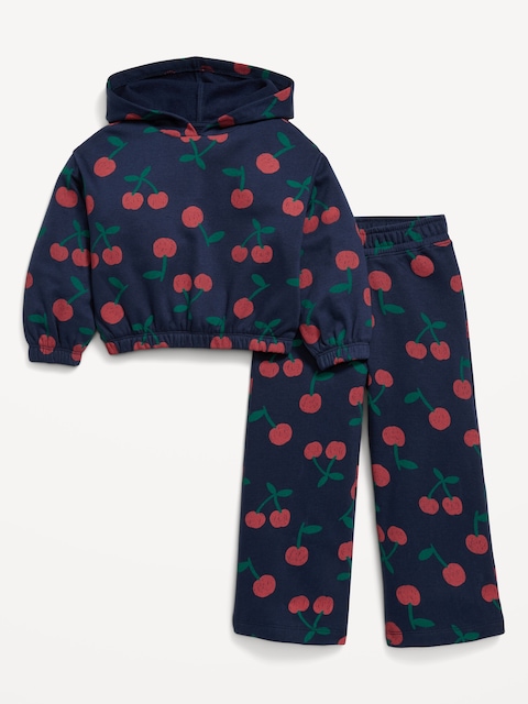 Printed Long-Sleeve Hoodie and Wide-Leg Sweatpants Set for Toddler Girls