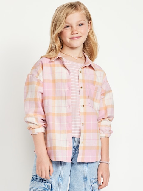 Oversized Long-Sleeve Plaid Flannel Shirt for Girls - Neutral Plaid