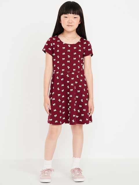 Printed Short-Sleeve Fit and Flare Dress for Girls - Bows