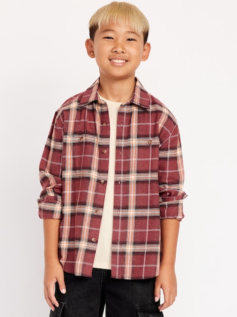 Long-Sleeve Pocket Plaid Flannel Shirt for Boys - Burgundy Plaid