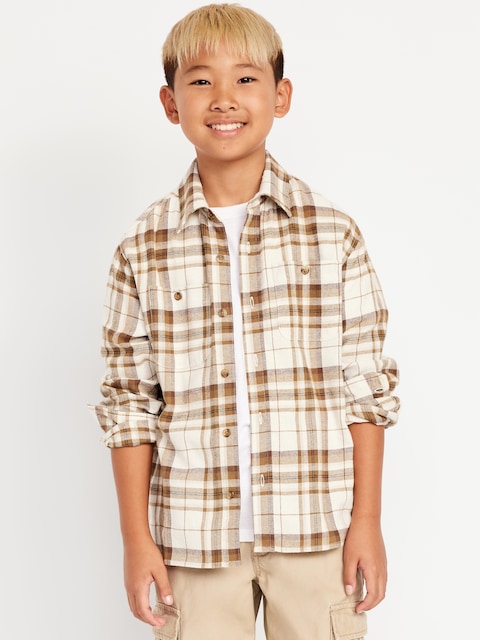 Long-Sleeve Pocket Plaid Flannel Shirt for Boys - Neutral Plaid