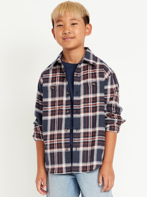 Long-Sleeve Pocket Plaid Flannel Shirt for Boys - Blue/Orange Plaid