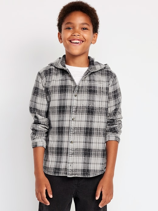 Image number 1 showing, Long-Sleeve Plaid Washed Flannel Hooded Shirt for Boys