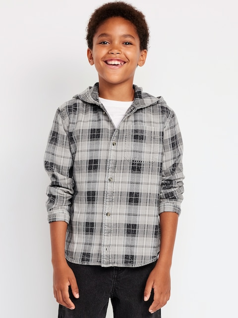 Long-Sleeve Plaid Washed Flannel Hooded Shirt for Boys - Black Plaid