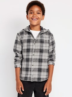 Long-Sleeve Plaid Washed Flannel Hooded Shirt for Boys