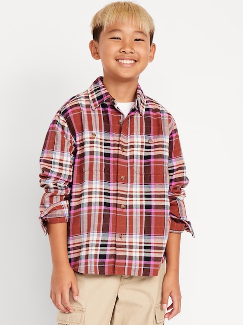 Long-Sleeve Pocket Plaid Flannel Shirt for Boys - Pink Plaid