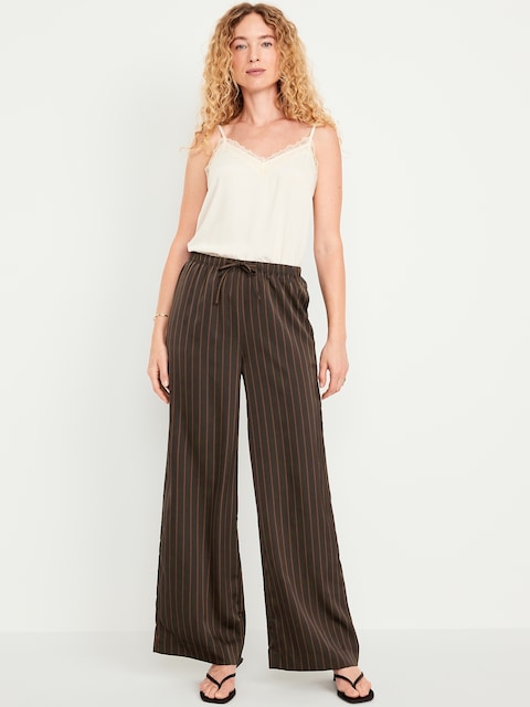High-Waisted Satin Wide-Leg Pants - Earth Brown Stripe