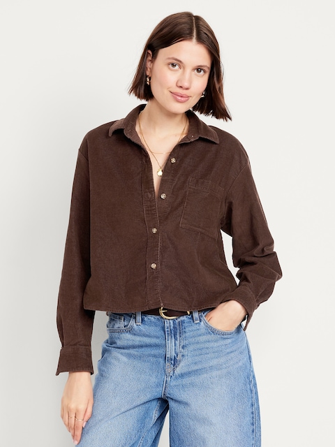 Cropped Button-Down Corduroy Shirt