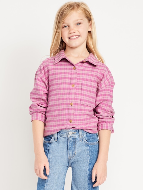 Oversized Long-Sleeve Plaid Flannel Shirt for Girls - Pink Plaid