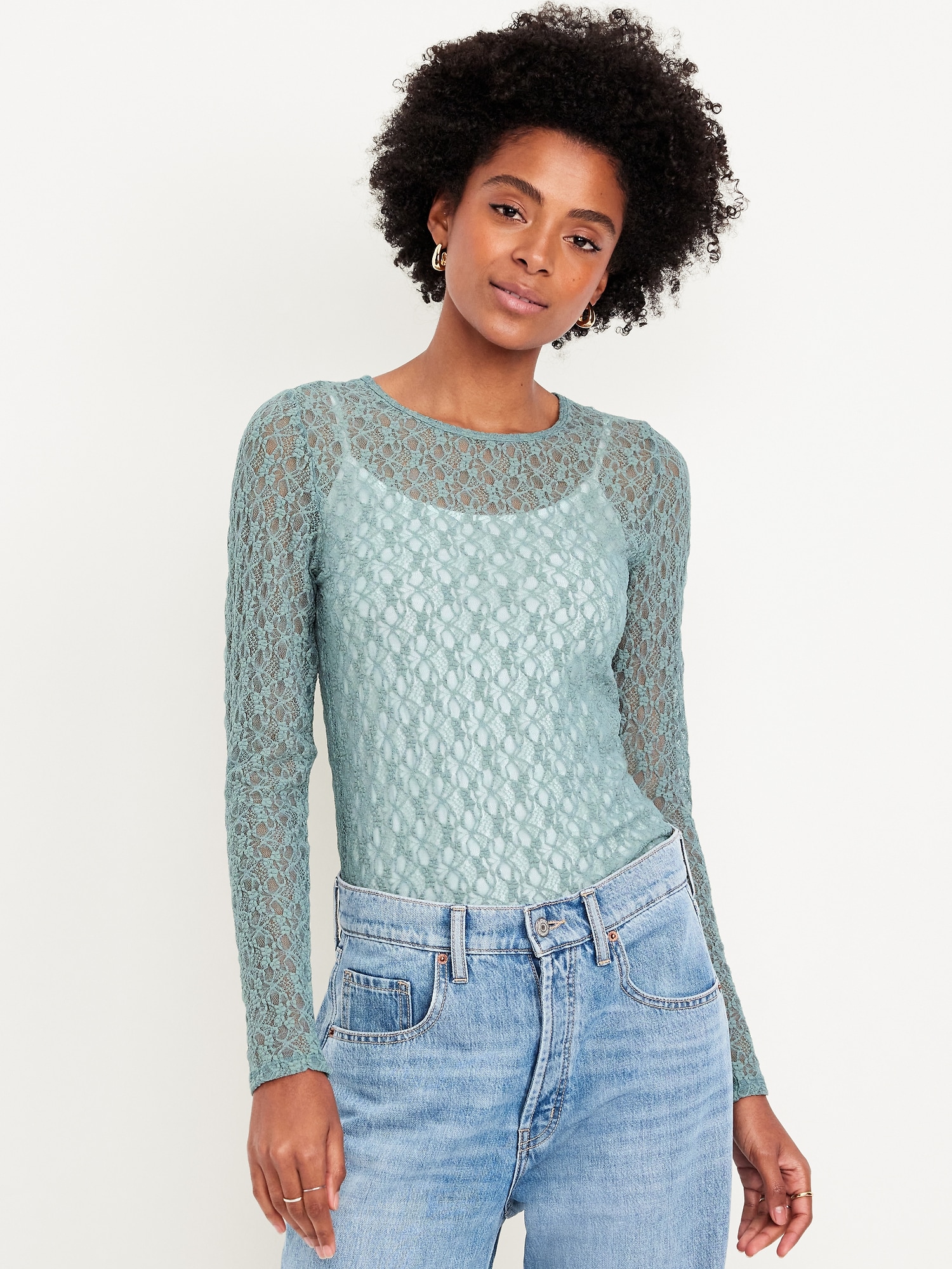 Long-Sleeve Lace Crew-Neck Top | Old Navy