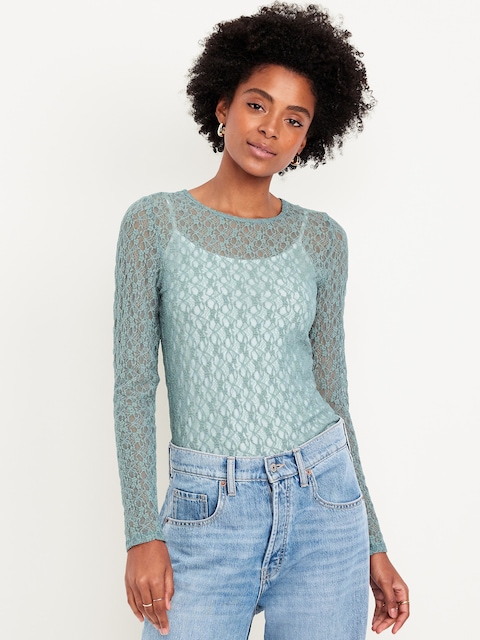 Long-Sleeve Lace Crew-Neck Top - Underwater