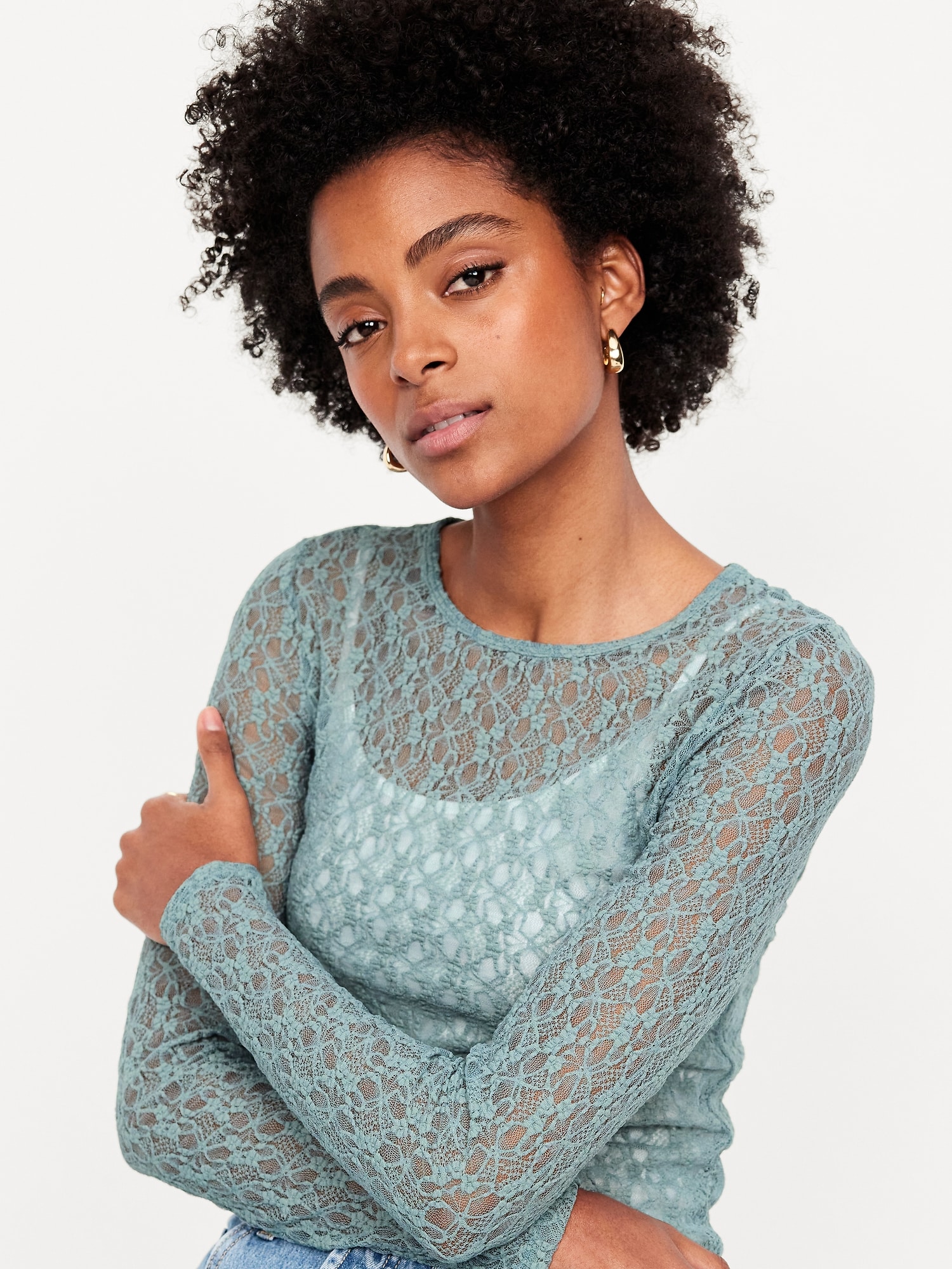 Long-Sleeve Lace Crew-Neck Top