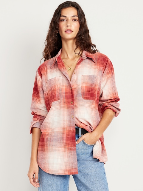 Plaid Flannel Button-Down Boyfriend Shirt - Red Plaid