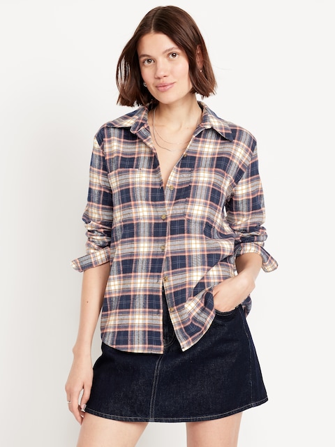 Plaid Flannel Button-Down Boyfriend Shirt - Navy Plaid