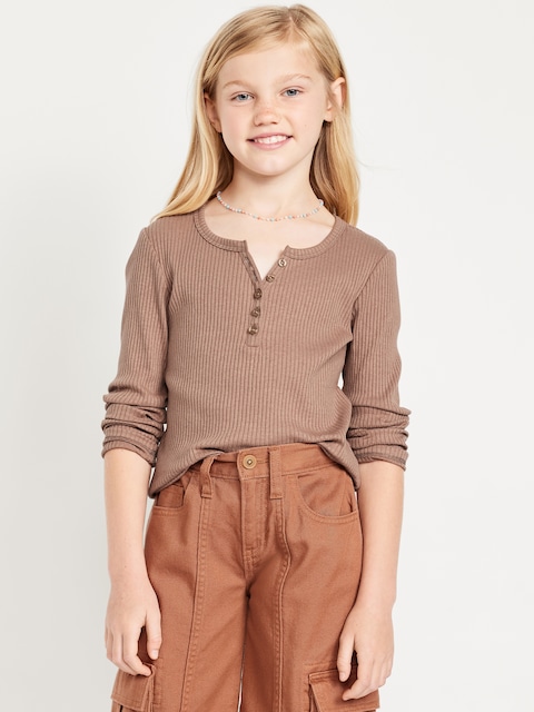 Long-Sleeve Fitted Ribbed Top for Girls - Driftwood