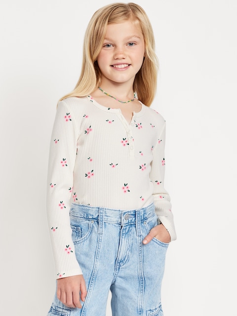 Printed Fitted Long-Sleeve Ribbed Top for Girls - White Ditsy Floral