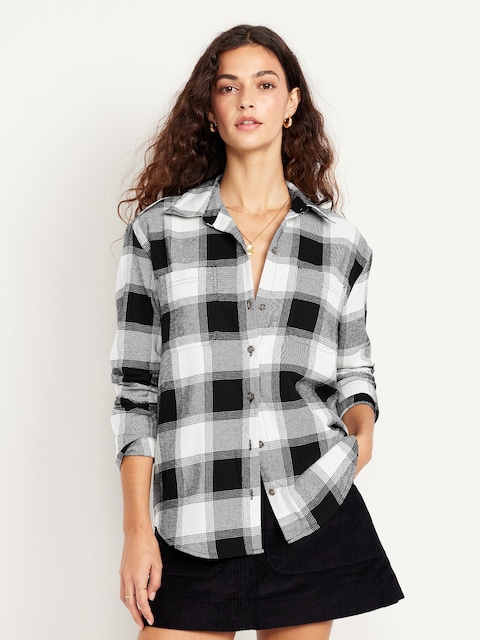 Plaid Flannel Button-Down Boyfriend Shirt - Black Buffalo Plaid
