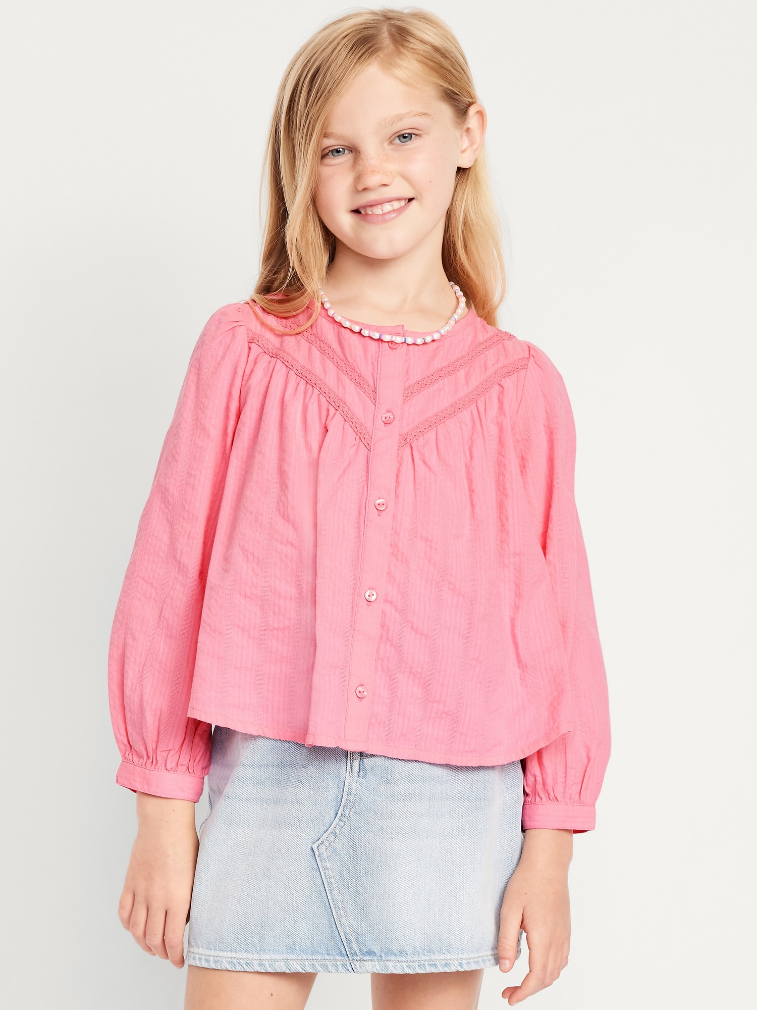 Long-Sleeve Lace Trim Button-Front Top for Girls