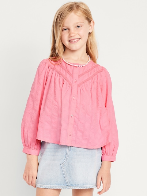 Long-Sleeve Lace Trim Button-Front Top for Girls - Guava Heart