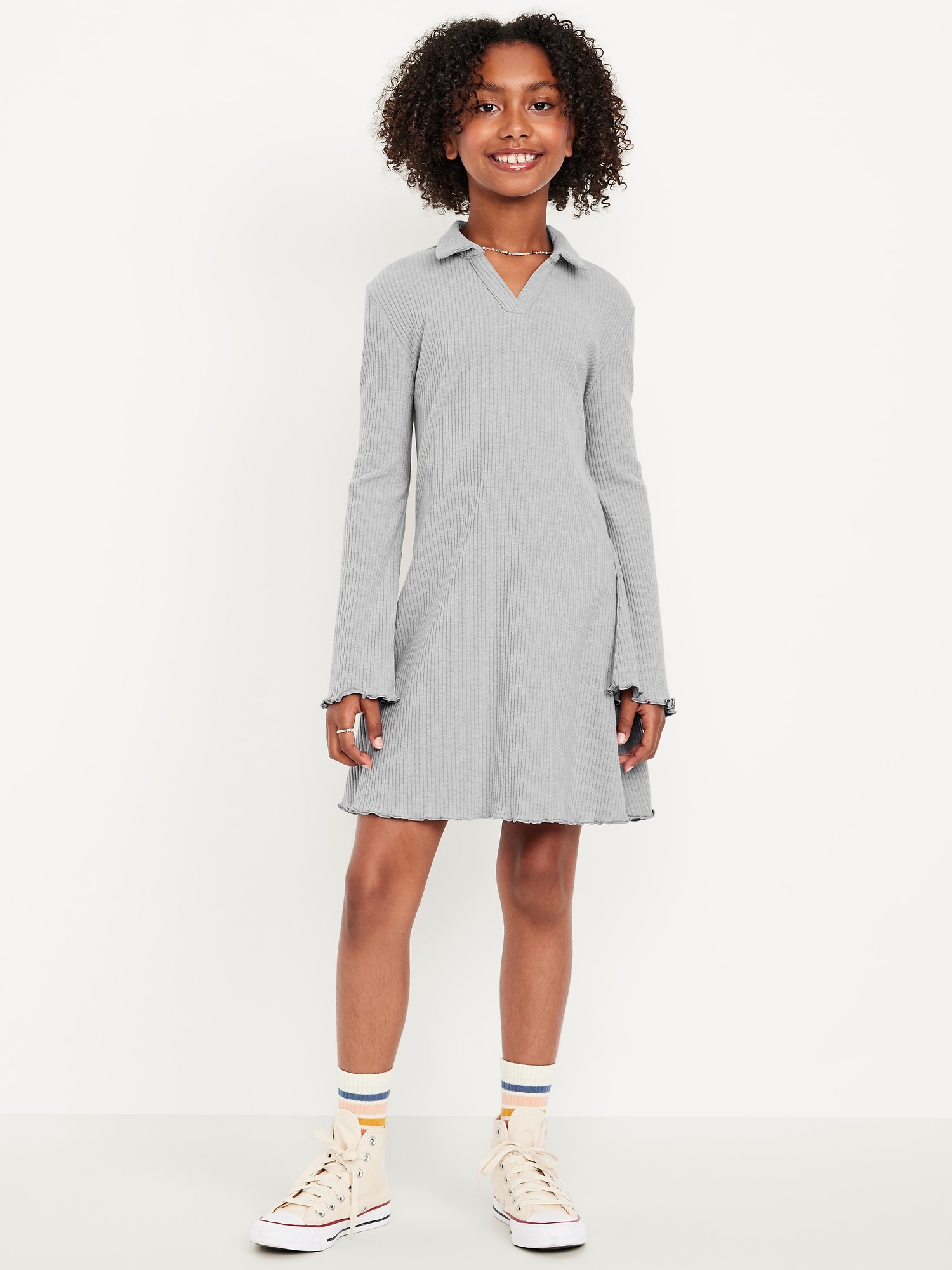 Long-Sleeve Fit and Flare Ribbed Polo Dress for Girls