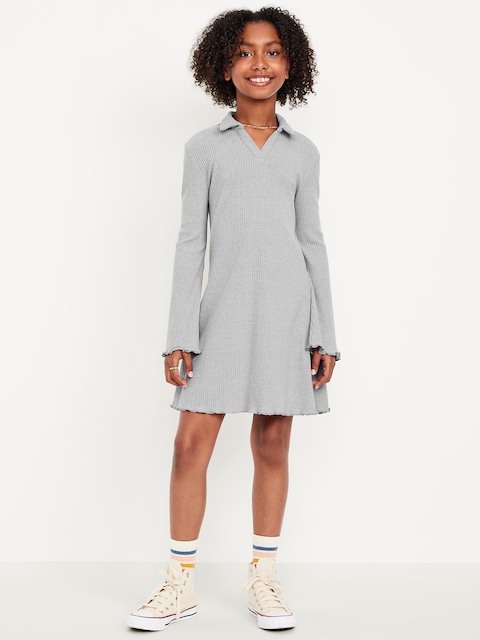 Long-Sleeve Fit and Flare Ribbed Polo Dress for Girls - Heather Grey
