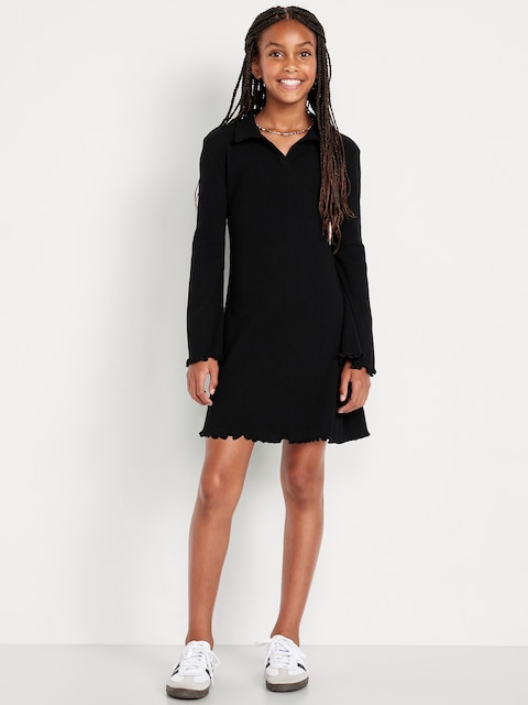 Long-Sleeve Fit and Flare Ribbed Polo Dress for Girls - Black Jack