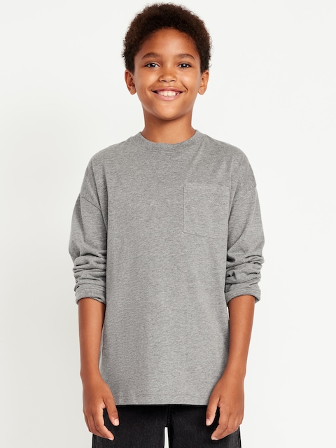 Oversized Long-Sleeve Pocket T-Shirt for Boys - Dark Heather Gray