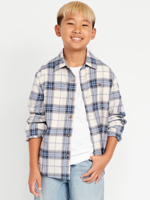 Long-Sleeve Pocket Plaid Flannel Shirt for Boys - White & Blue Plaid