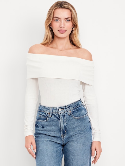 Off-Shoulder Long-Sleeve Ribbed Top - Sea Salt