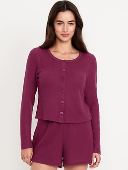 Button-Down Waffle-Knit Sleep Top - image 3
